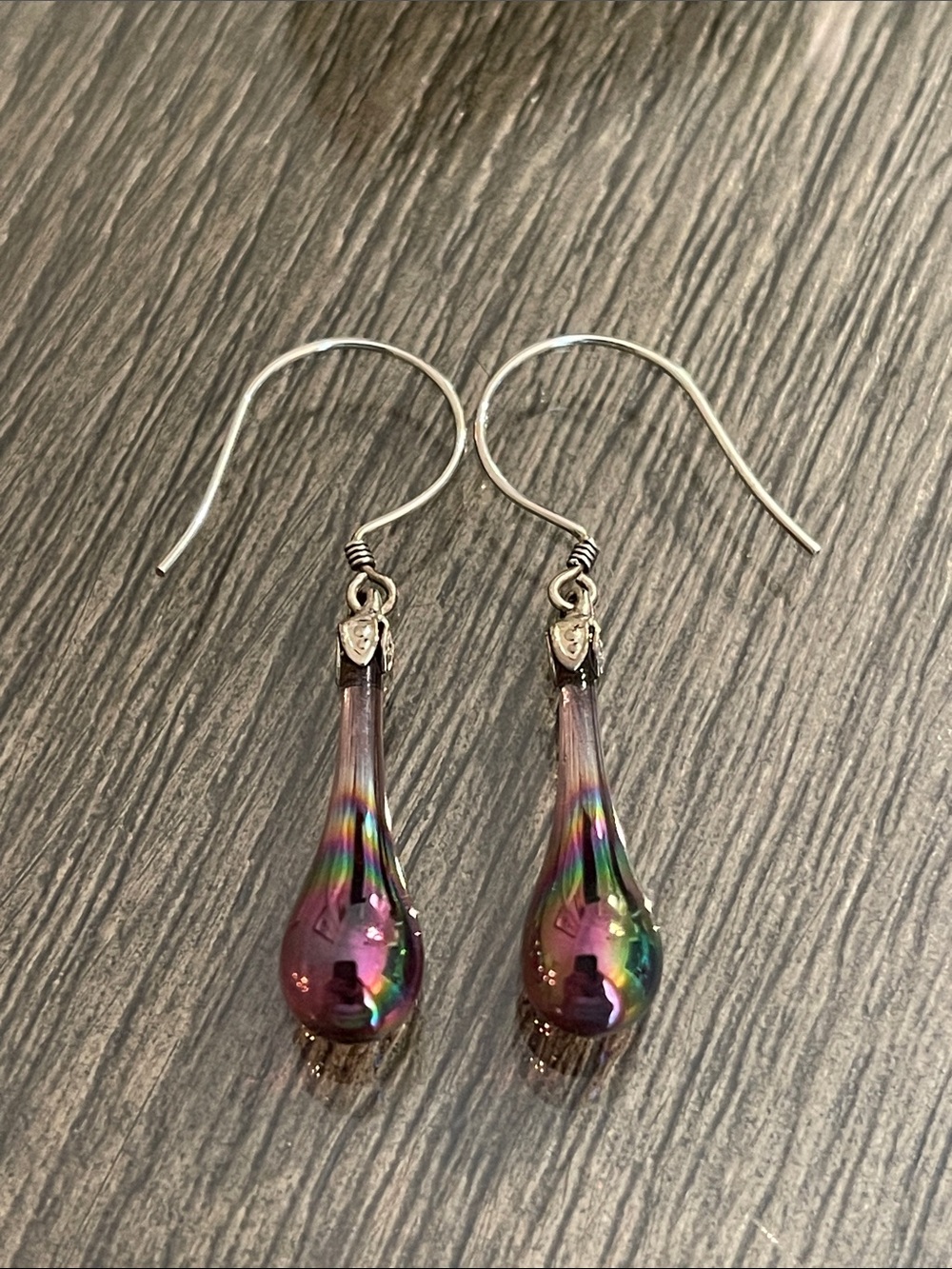 FENTON Carnival Art Glass Tear Drop Earrings Iridescent .925 Sterling Wire NWT - Picture 10 of 16